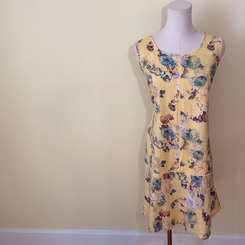 Dress 10 Women’s Yellow Floral Sleeveless Linen Shift Dress Size 6